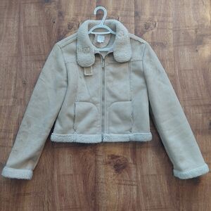 Tan Y2K Vintage Shearling Faux Fur Lined Sherpa Suede Jacket S bomber Cropped